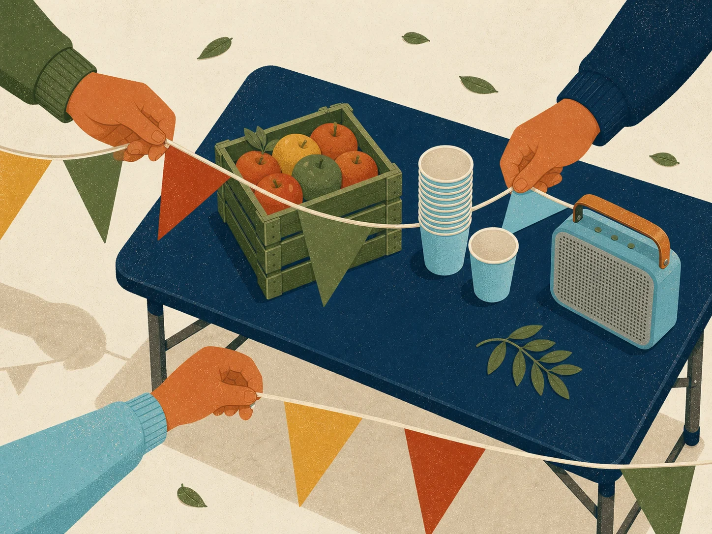 Illustration of volunteers setting up a community event
